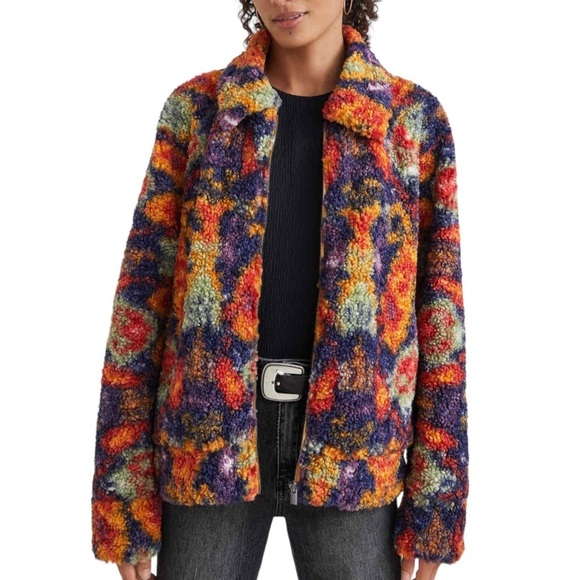 Desigual colorful sherpa fleece teddy bomber by C. Lacroix “Colette” jacket XL - Picture 3 of 16